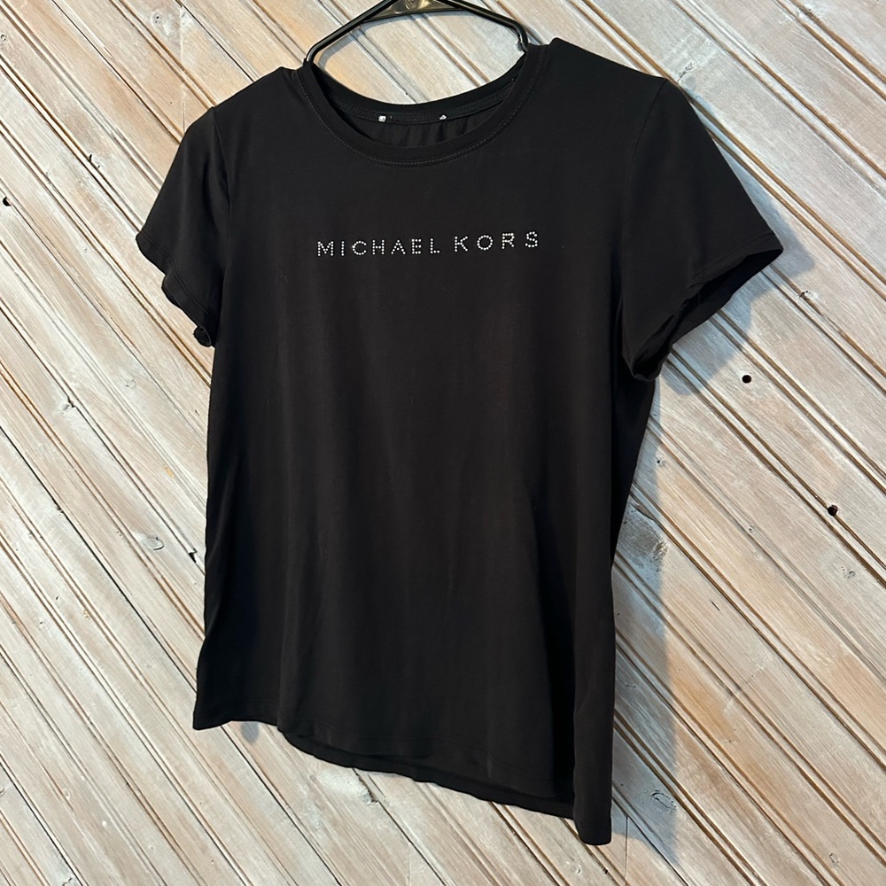 Michael Kors Black Silver Seqiun Short Sleeve Tee Baby Tee Loose - Picture 2 of 6